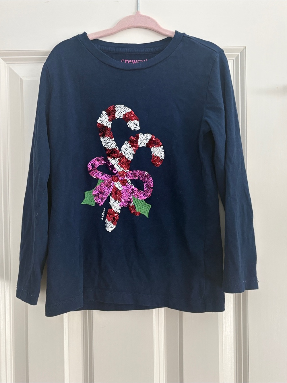 Crewcuts Navy Long Sleeve Sequin Candy Cane Bow Tee